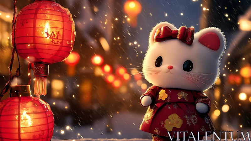 Cute white cat figurine in red dress under lanterns.