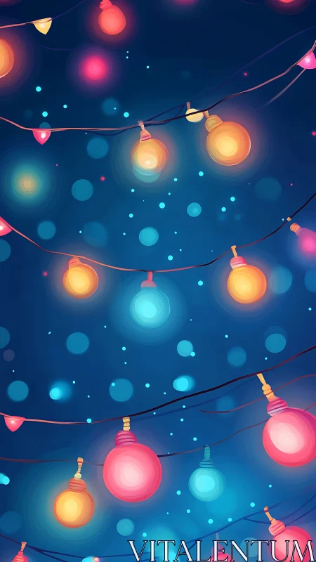 Vibrant hanging string lights glow against deep blue bokeh sky