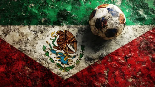 Weathered Mexican flag and soccer ball celebrating passion.