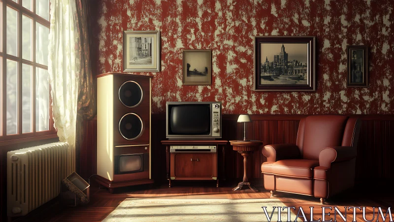 Sunlit vintage living room with retro TV and cozy chair.