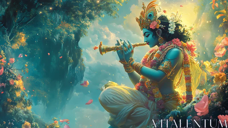 Divine blue deity playing flute amid glowing forest bloom.