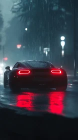 Sports car taillights glow on rainy neon city street.