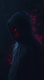 Hooded spectral entity with red energy fractures in darkness