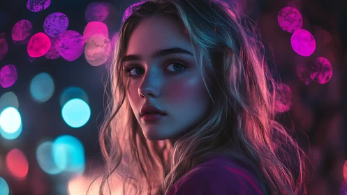 Soft neon night wraps a thoughtful young woman in color