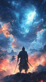 Samurai watches burning valley under swirling celestial sky