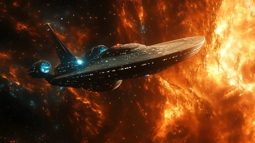 Starlit cruiser crossing molten nebula in deep space.