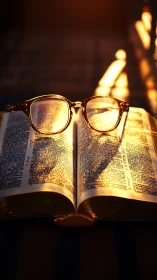 Hardback Bible with reading glasses in low sunset backlight