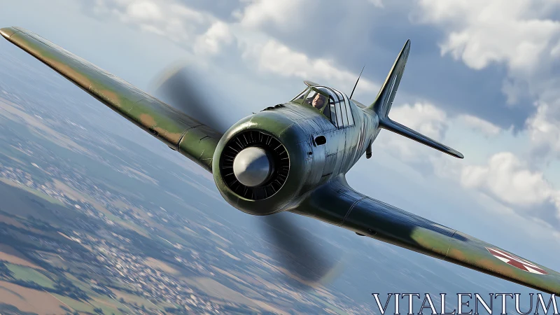 WWII fighter aircraft banking over rural landscape, 3D render.