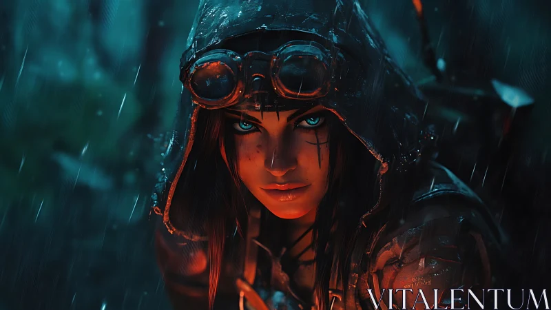 Cinematic cyberpunk scout with rain-soaked hood and goggles