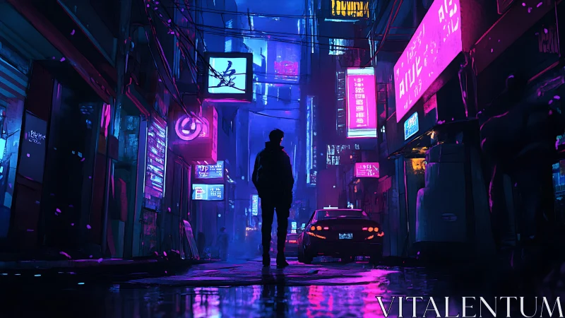 Backlit silhouette in neon-saturated cyberpunk alleyway at night