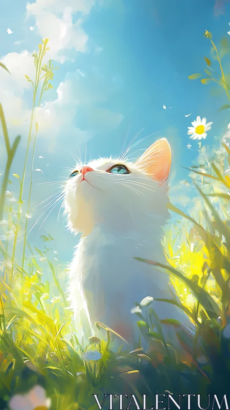 White Cat Gazing Upward in Sunlit Meadow.
