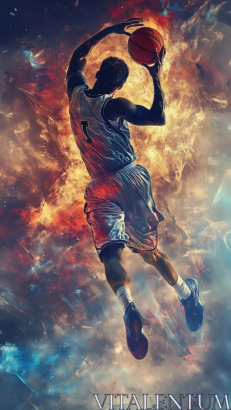 Dynamic basketball dunk rendered in high-contrast digital painting