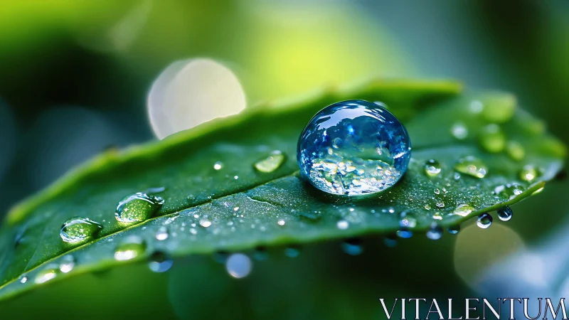 Macro water droplet on leaf with luminous bokeh highlights.