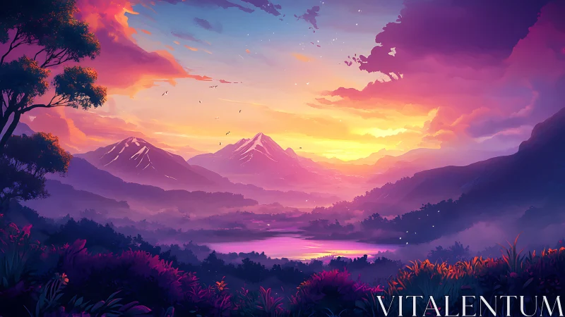 Vibrant digital sunset over mountains and reflective lake.