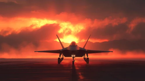 Stealth jet taxiing toward horizon under volumetric sunset glow