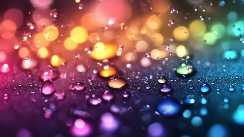 Macro water droplets on multicolored illuminated surface.