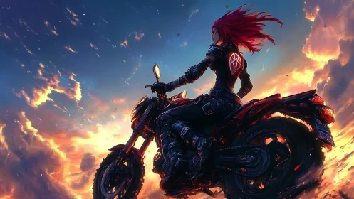 Motorcyclist in armor rides against a cloud-filled sunset sky