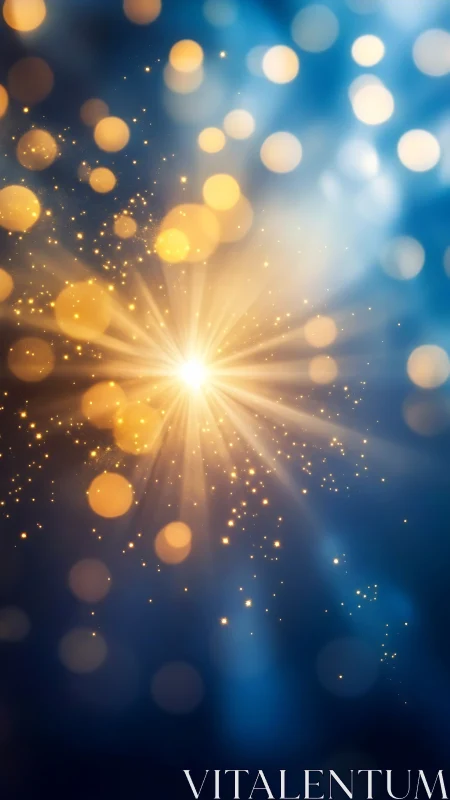 Radiant golden light burst against deep blue bokeh field.