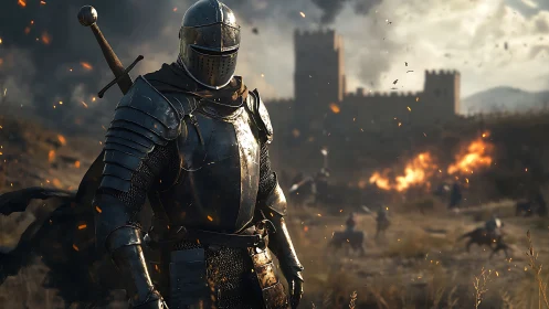 Armored knight stands defiant as a besieged castle burns