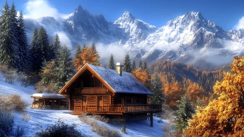 Log chalet amid bimodal seasonal alpine forest and peaks.
