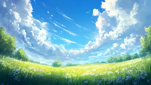 Sunlit wildflower meadow opens beneath a vast summer sky