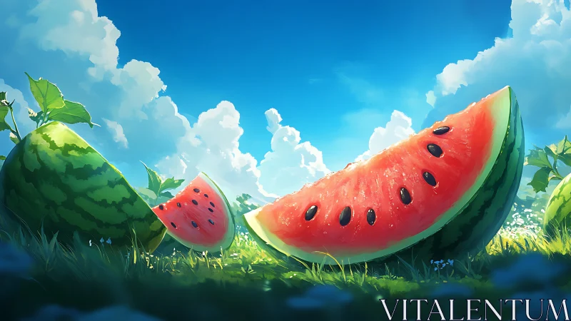 Sunlit watermelon slices glow softly under a bright blue sky