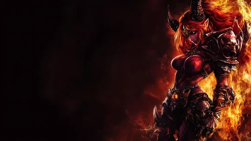 Demonic fire warrior queen in infernal armor stands alone.