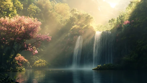 Sunlit blossom falls in a mist-kissed hidden valley.