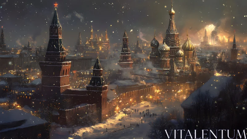 Digital painting of winter Kremlin skyline with ember-lit snowfall.