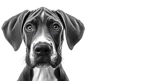 Black and white portrait of a young Great Dane dog.