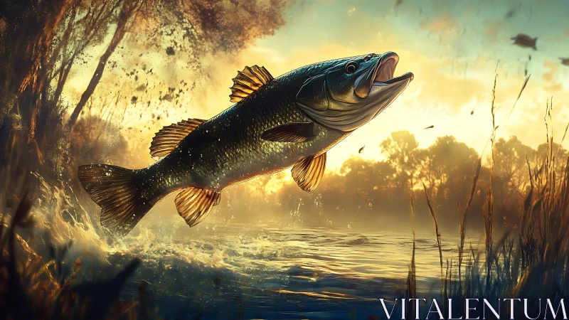 Leaping river fish catching golden light at calm sunset.