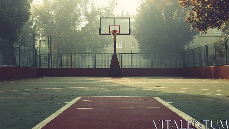 Deserted outdoor basketball court under diffused early morning haze