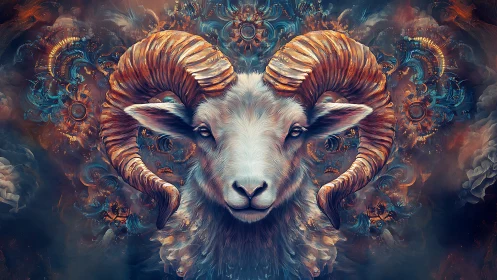 Celestial ram guardian crowned in swirling bronze spirals.