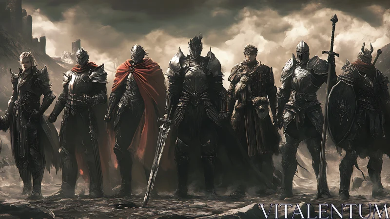 Armored warriors aligned in misty battlefield environment.