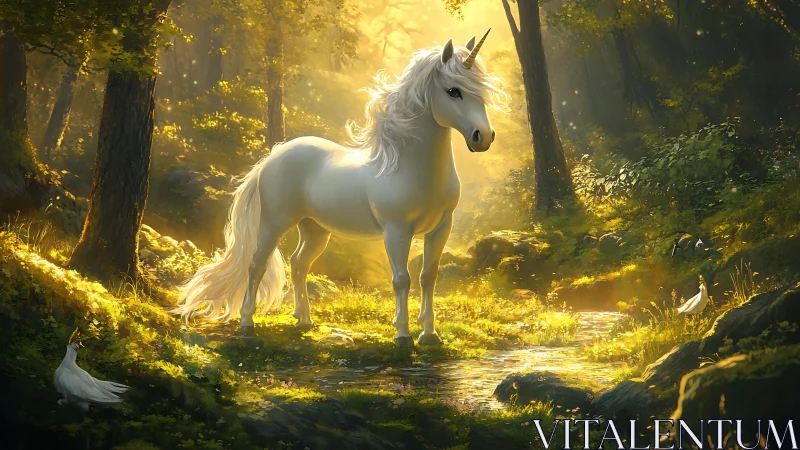 White unicorn standing in sunlit forest stream clearing.