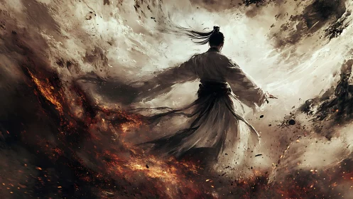 Warrior stands amid swirling smoke, ash and erupting embers