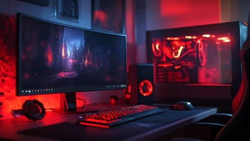 Ultrawide gaming monitor with red lit desktop computer.
