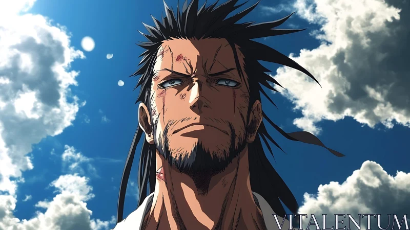 Weathered anime swordsman under backlit cumulus sky