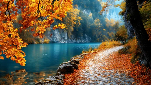 Golden autumn path curves gently beside a calm turquoise lake