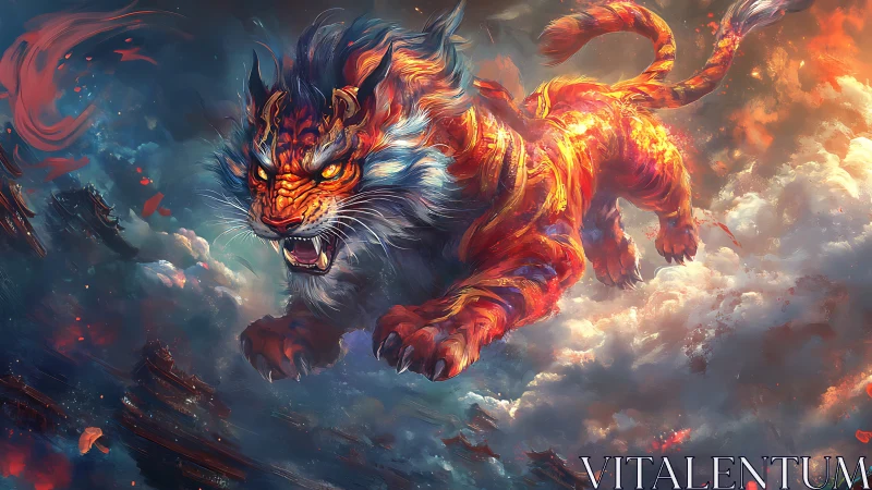 Mythic tiger entity traversing clouded aerial landscape.