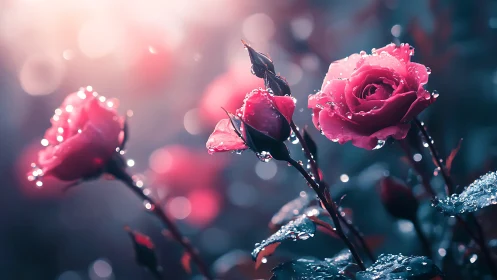 Macro Photography: Dewy Pink Roses With Shallow Depth Field Rendering