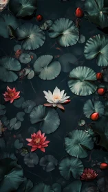 Aquatic plants with flowers in dark water habitat