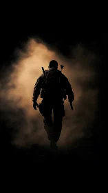 Silhouetted armed soldier walking through dense backlit smoke.