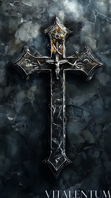 Oxidized gothic crucifix on fractured stone background