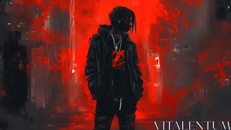 Masked street figure stands in red abstract digital scene