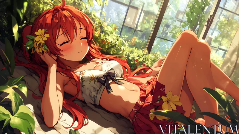 Sun-drowsy redhead dreaming in a lazy greenhouse glow.