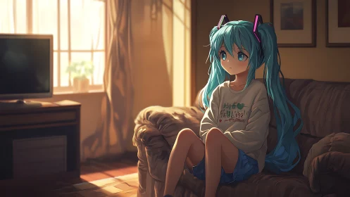 Blue haired anime girl on sofa in warm afternoon light.