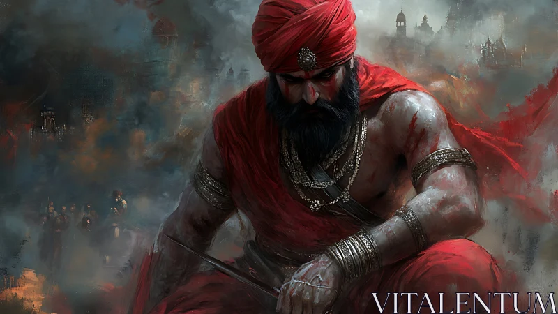 Warrior in red garments amid smoky battlefield setting.