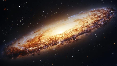 Edge-on spiral galaxy rendered with luminous stellar core