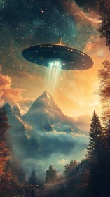 Starlit spaceship hovers gently above a misty mountain valley